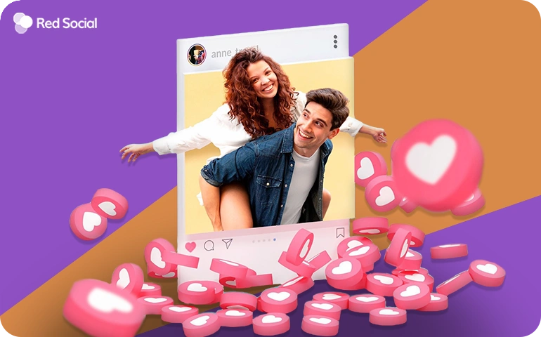 Instagram post of a couple with scattered heart-like icons around it