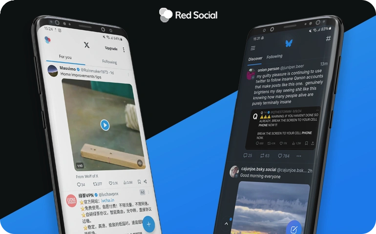 Smartphones displaying BlueSky and X interfaces side by side for comparison