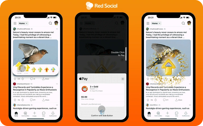Sequence of mobile screens showing Reddit gold purchase and award process