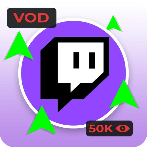 Twitch logo with upward green arrows and VOD views