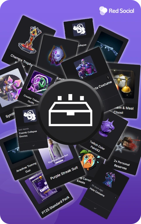 Twitch drops icon surrounded by various twitch drop rewards and items.