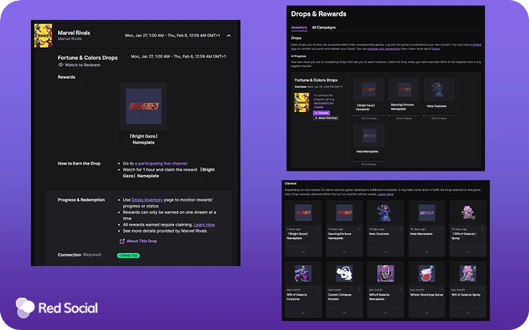Twitch drops and rewards inventory with different in-game items.