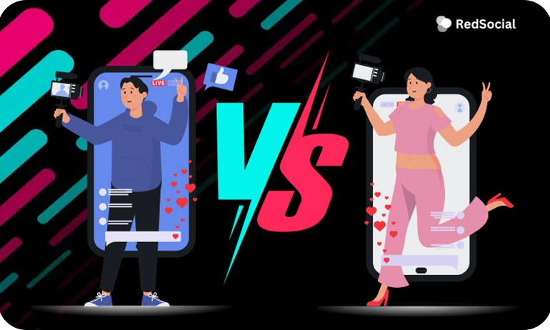 Graphic showing two animated characters in a TikTok battle, one male and one female, each in their own smartphone frames with various social media reaction icons, symbolizing a virtual competition.