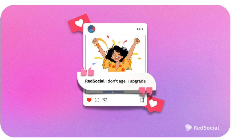 Cheerful cartoon of a woman celebrating with the quote 'I don't age, I upgrade' displayed in an Instagram post interface, surrounded by social media icons like hearts and likes, set against a soft pink background.