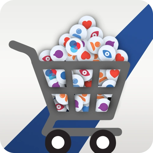 Shopping cart filled with engagement icons like views, likes, and comments