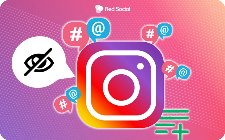Instagram logo with hidden mention and hashtag icons.