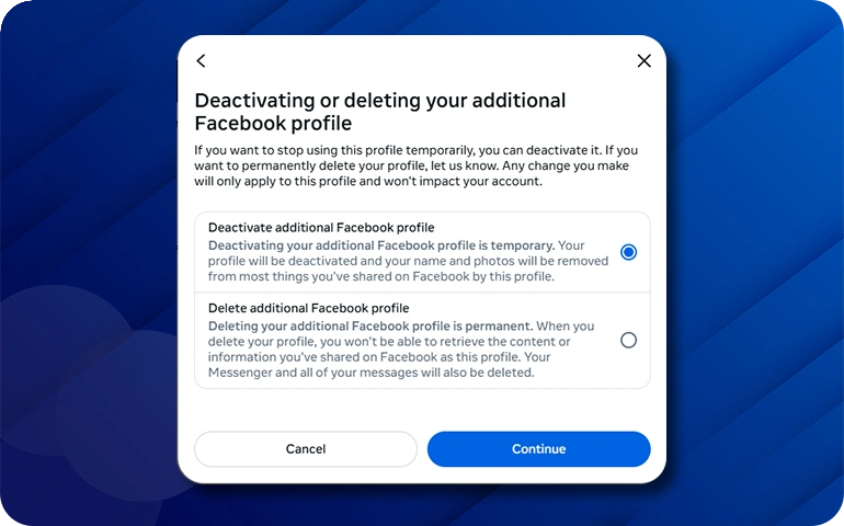 Facebook profile deactivation and deletion options on a settings screen.