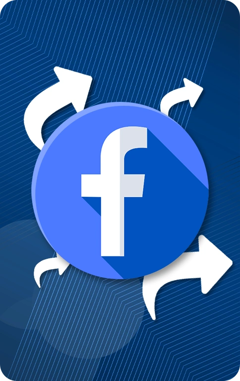 Facebook logo with white arrows pointing in different directions.