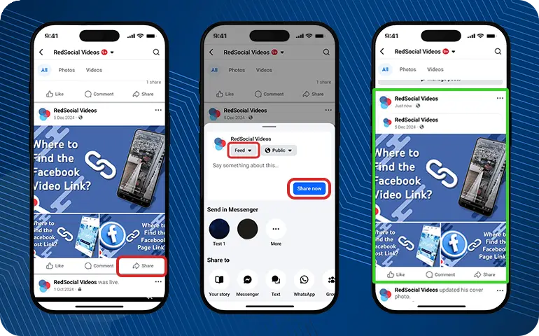 Three phone screens showing steps to share a post on Facebook.