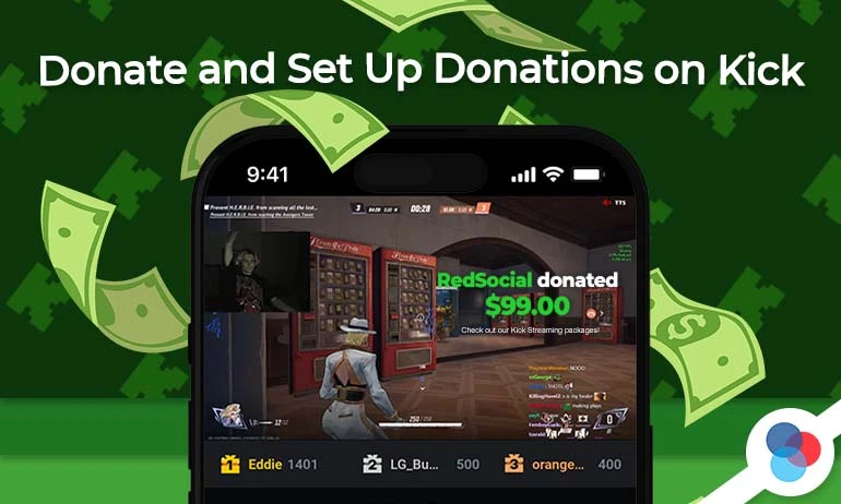 Streaming screen showing a $99 donation alert on Kick with floating dollar bills.