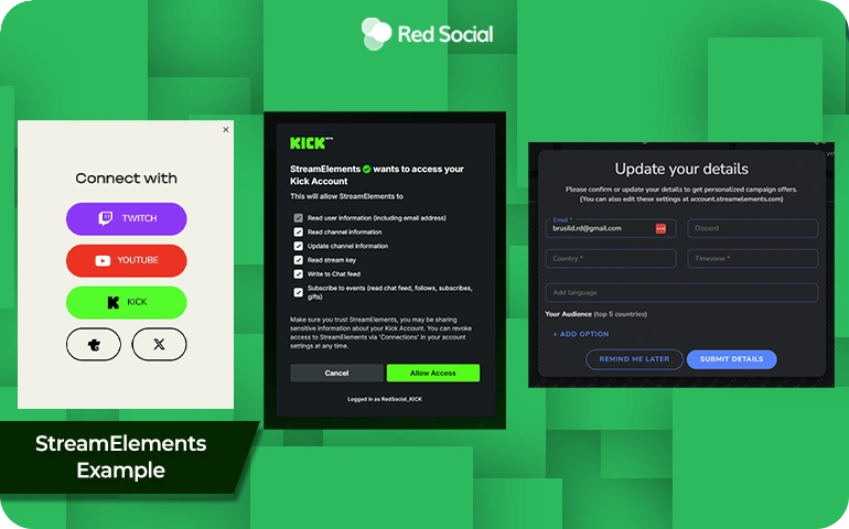 StreamElements setup screens for connecting and updating Kick account details.