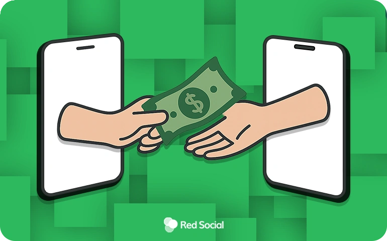 Two phones exchanging a dollar bill to represent digital donations.