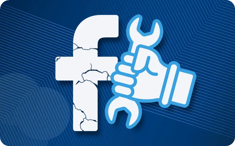 Cracked Facebook logo with a hand holding a wrench.