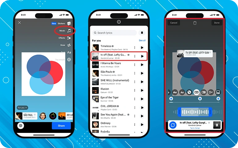 facebook story editor with music option and selected song