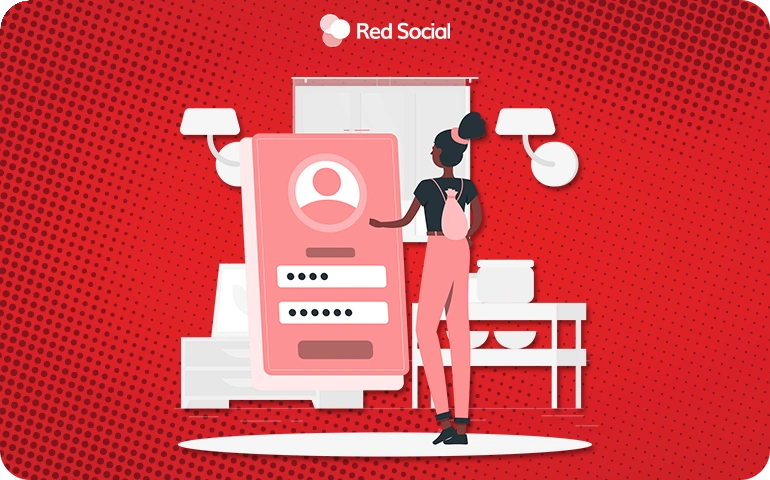 woman standing next to a large login form on a red background