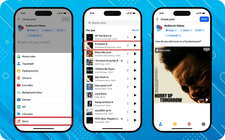 three phone screens showing how to add music to a facebook post