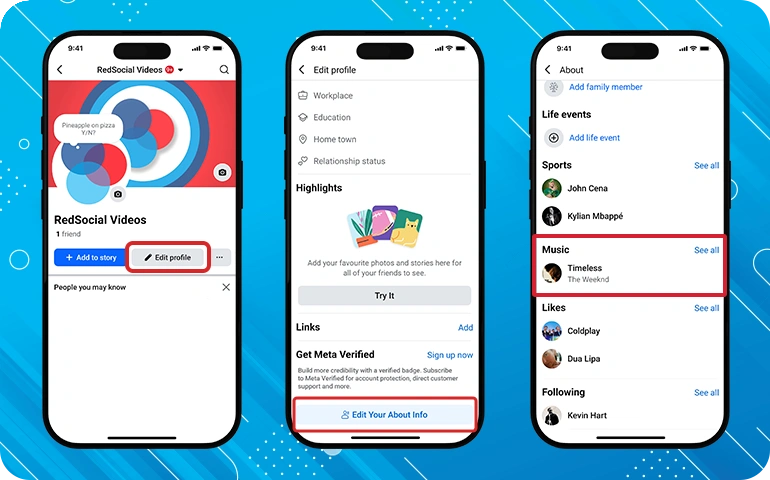 facebook profile with steps to add music to the about section