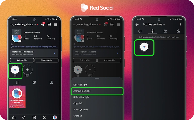 three phone screens showing how to archive highlights on instagram