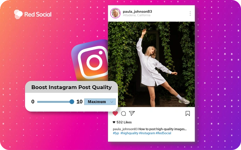 Instagram post interface with a "Boost Instagram Post Quality" slider set to maximum and a high-res image displayed.