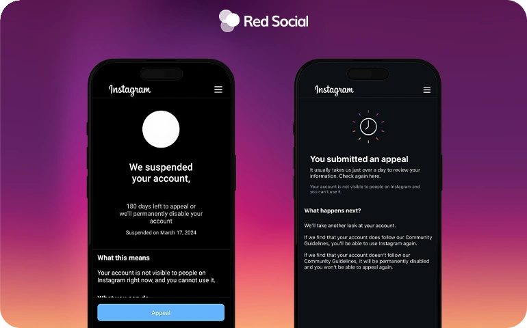 two phone screens showing instagram account suspension and appeal process