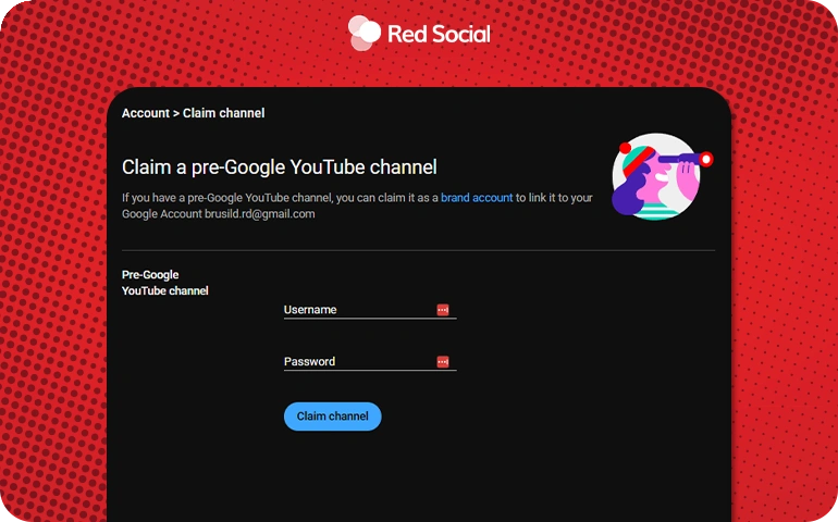 form page to claim an old youtube account with username and password fields