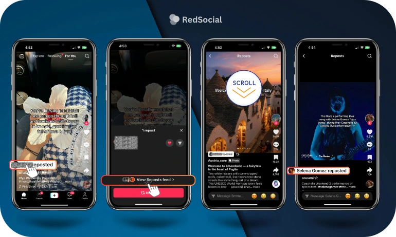 Four iPhones displaying steps on how to see only reposts on TikTok.