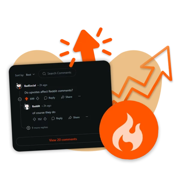 reddit comments with upvotes and fire icon in the background