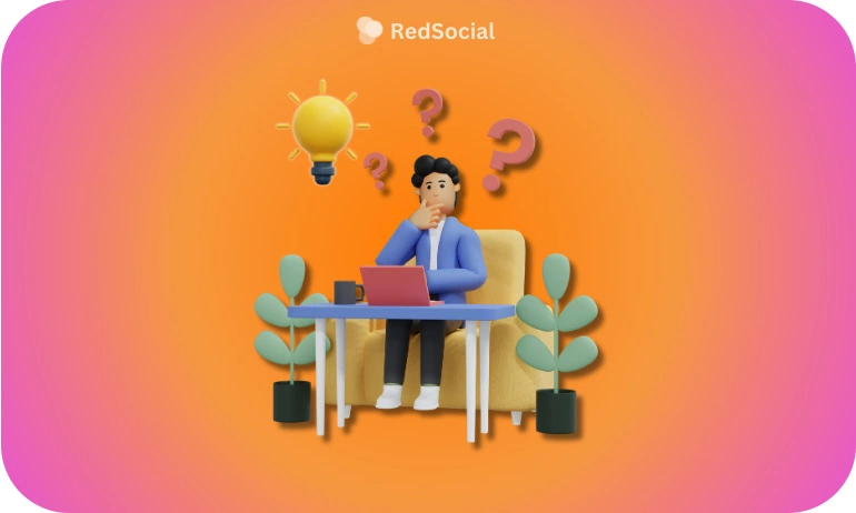 A 3D illustration of a man sitting at a desk with a laptop, surrounded by question marks and a light bulb, symbolizing confusion and brainstorming.