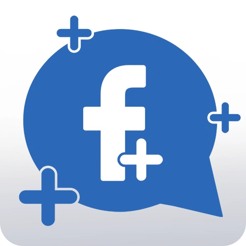 Facebook logo inside a comment bubble with multiple plus signs around it