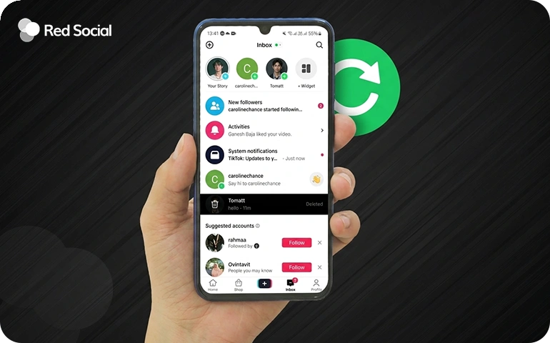 person holding phone showing a deleted tiktok chat and the recovery icon on the side