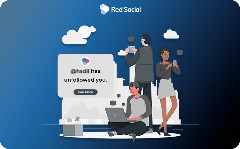 Illustration of users with phones and laptops, showing an alert that someone has unfollowed on Twitter/X.