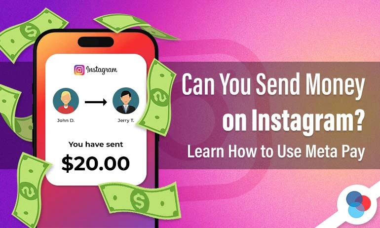Phone screen showing $20 sent from one Instagram user to another, surrounded by floating dollar bills on a pink and purple background.