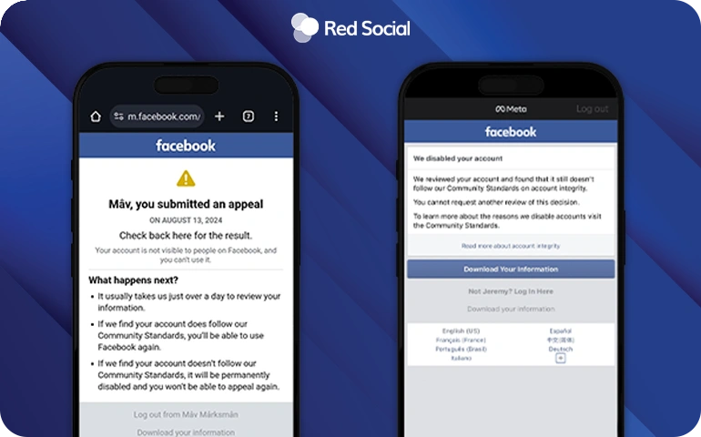 Two phone screens showing Facebook messages about account suspension and appeal status