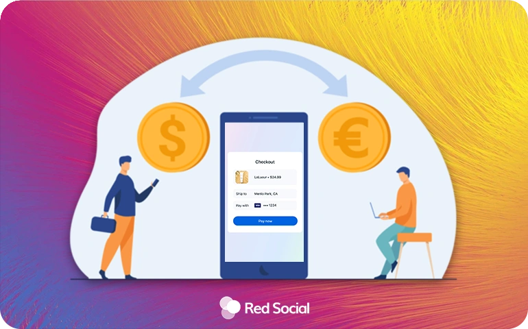 Illustration of two people on either side of a phone transferring money, with dollar and euro symbols above the phone.