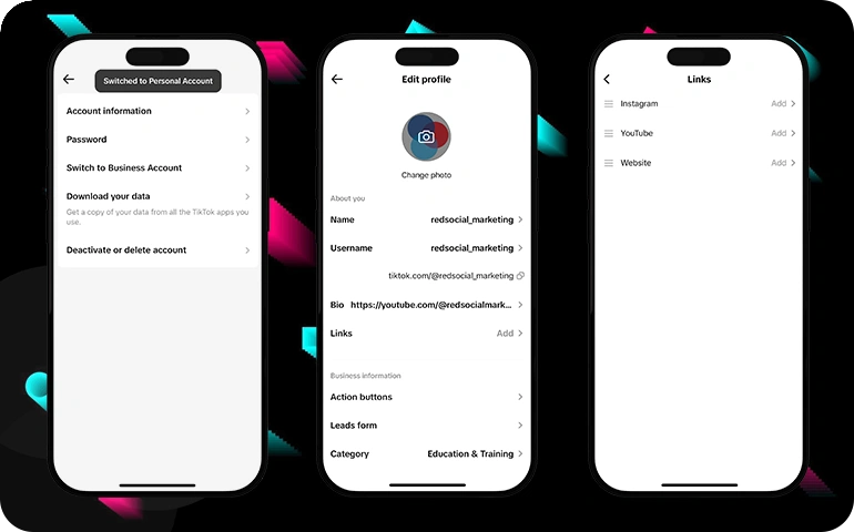 Three TikTok account settings screens showing how to switch to personal, edit bio, and add links like YouTube or a website.