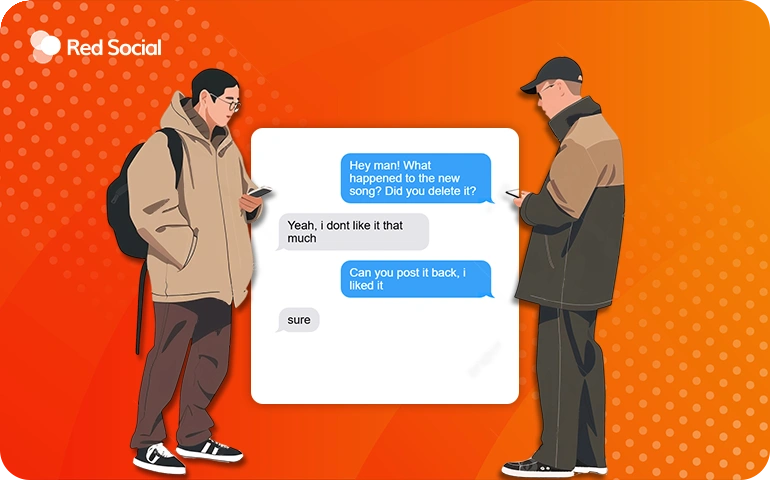 Two people texting about a deleted song on SoundCloud, with one asking if it can be posted again.