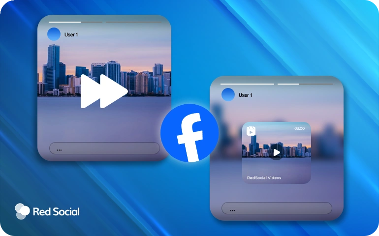 Two Facebook Stories showing a video preview with a play button and a Facebook logo in between.