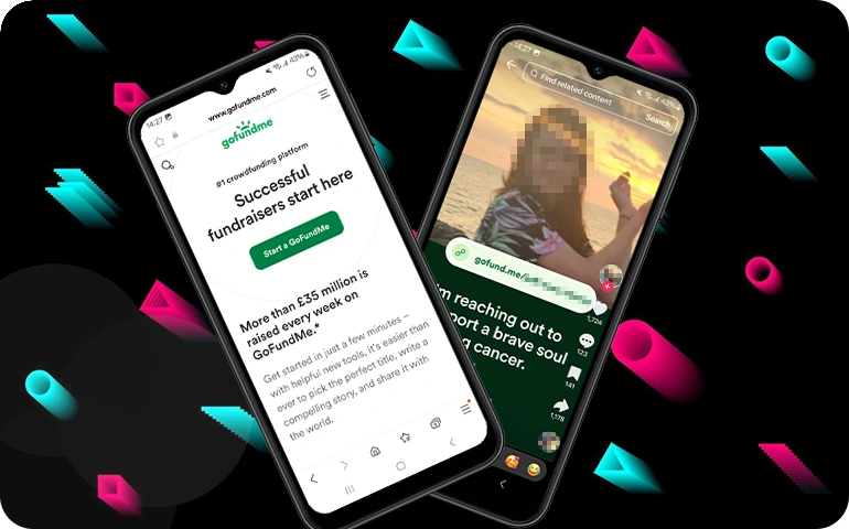 Two phones displaying a GoFundMe page and a TikTok video promoting a fundraiser link for a cancer cause.