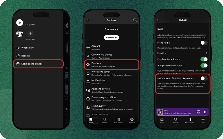 Three phone screens showing Spotify settings to disable Smart Shuffle under playback options.