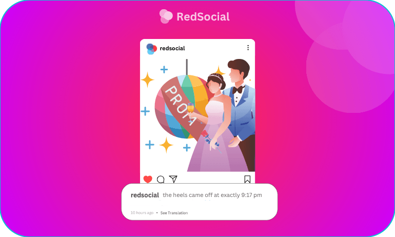 Cartoon prom couple with a disco ball, captioned “the heels came off at exactly 9:17 pm.”