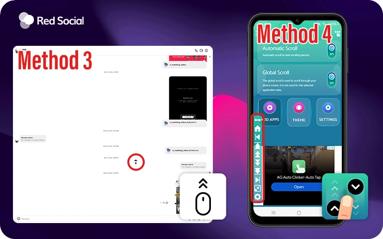 Computer and phone showing Method 3 and Method 4 for finding the first Instagram message using scroll shortcuts or an auto-scroll app.