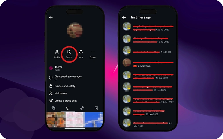 Two phone screens showing how to use Instagram's search feature to find the first message in a chat by typing keywords.