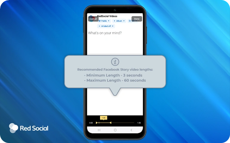 Phone screen showing Facebook video upload with a message recommending story video lengths between 3 and 60 seconds.
