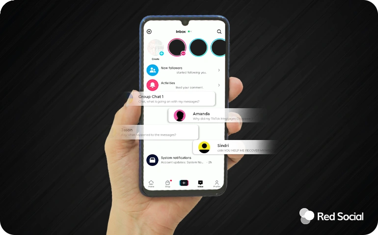 Hand holding a phone showing a TikTok inbox with blurred-out messages and user concerns about disappearing chats.