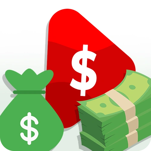 Red play icon with a dollar sign, next to a green money bag and a stack of cash.