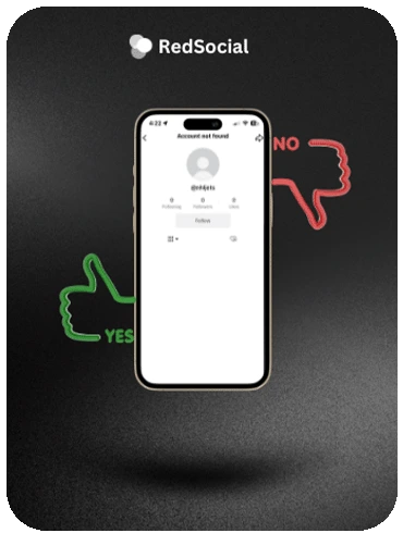 RedSocial app screen with 'Account not found' message and Yes/No thumbs.