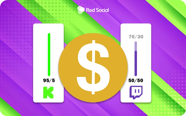 Graphic comparing Kick and Twitch revenue split, with Kick showing 95/5 and Twitch showing 70/30 and 50/50 models.