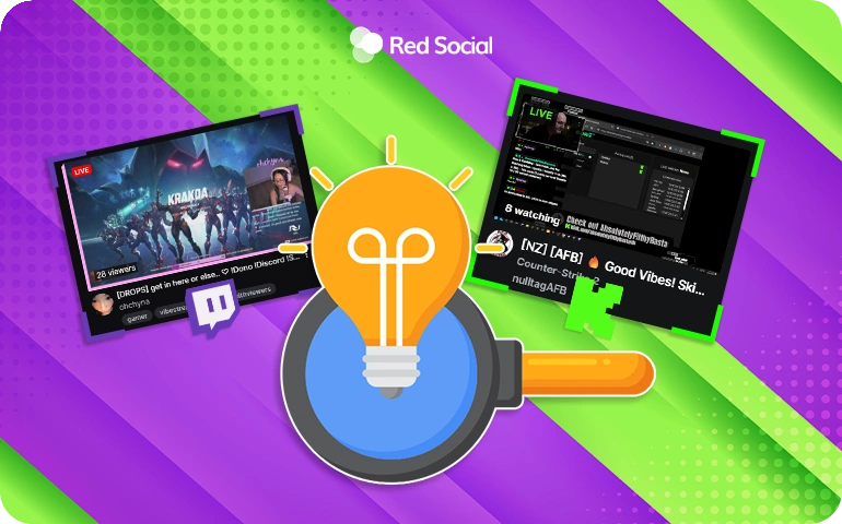 Twitch and Kick live stream thumbnails with a magnifying glass and lightbulb symbolizing discoverability.