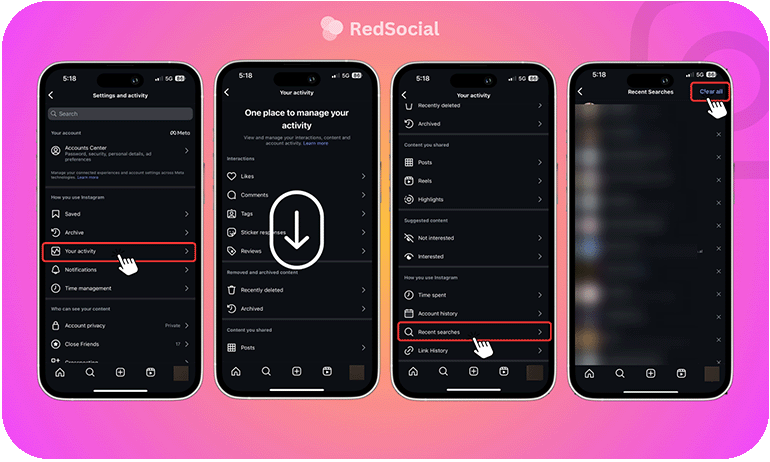 Steps to manually clear your recent searches on Instagram through the Your Activity section
