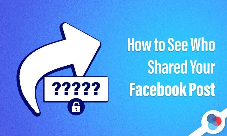 A Facebook-themed graphic with a large share arrow and a hidden identity icon labeled “?????”, illustrating the challenge of identifying who shared your Facebook post.